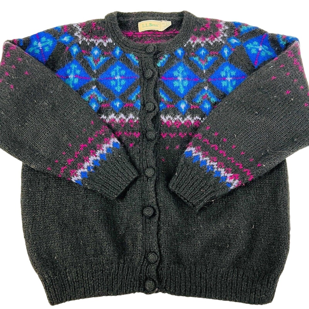 Vintage L.L. Bean 2004 Cardigan Sweater Black Snowflakes Wool Nylon Mohair‎ M